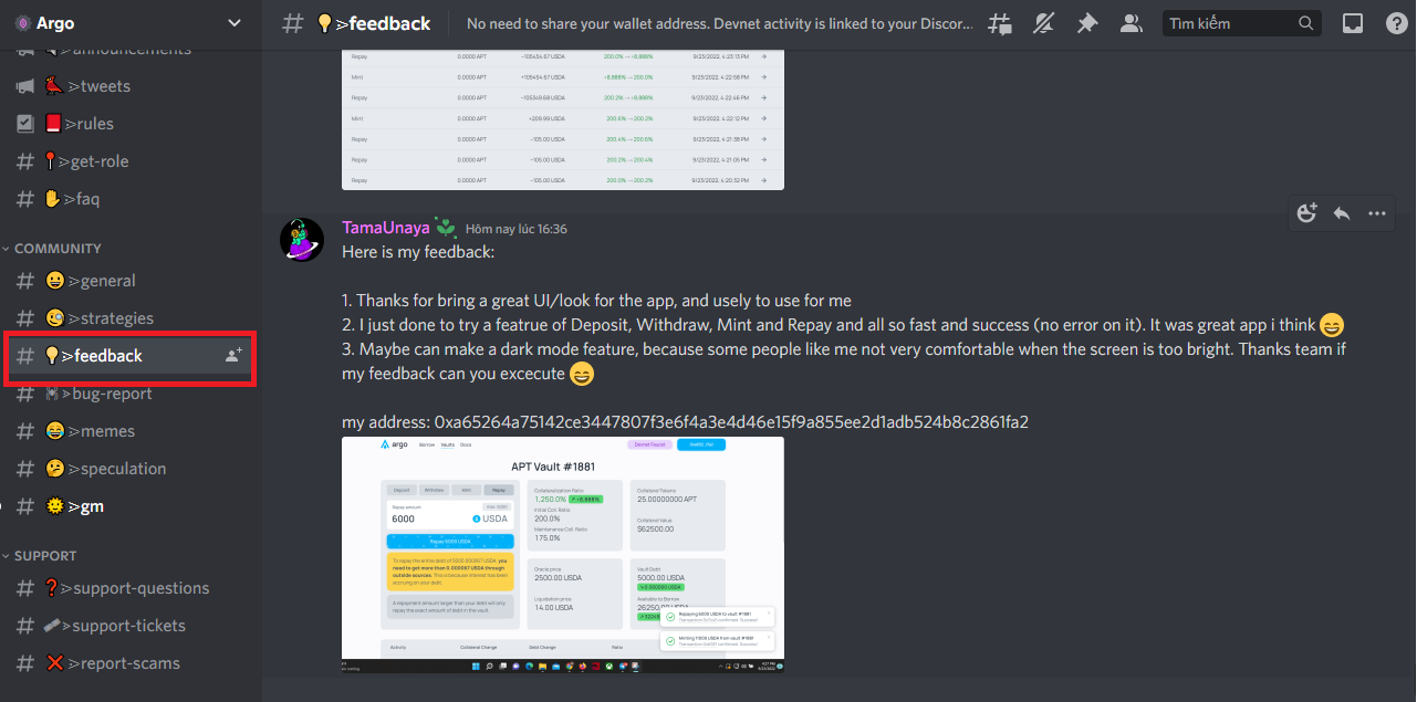 #feedback channel in Argo's Discord server